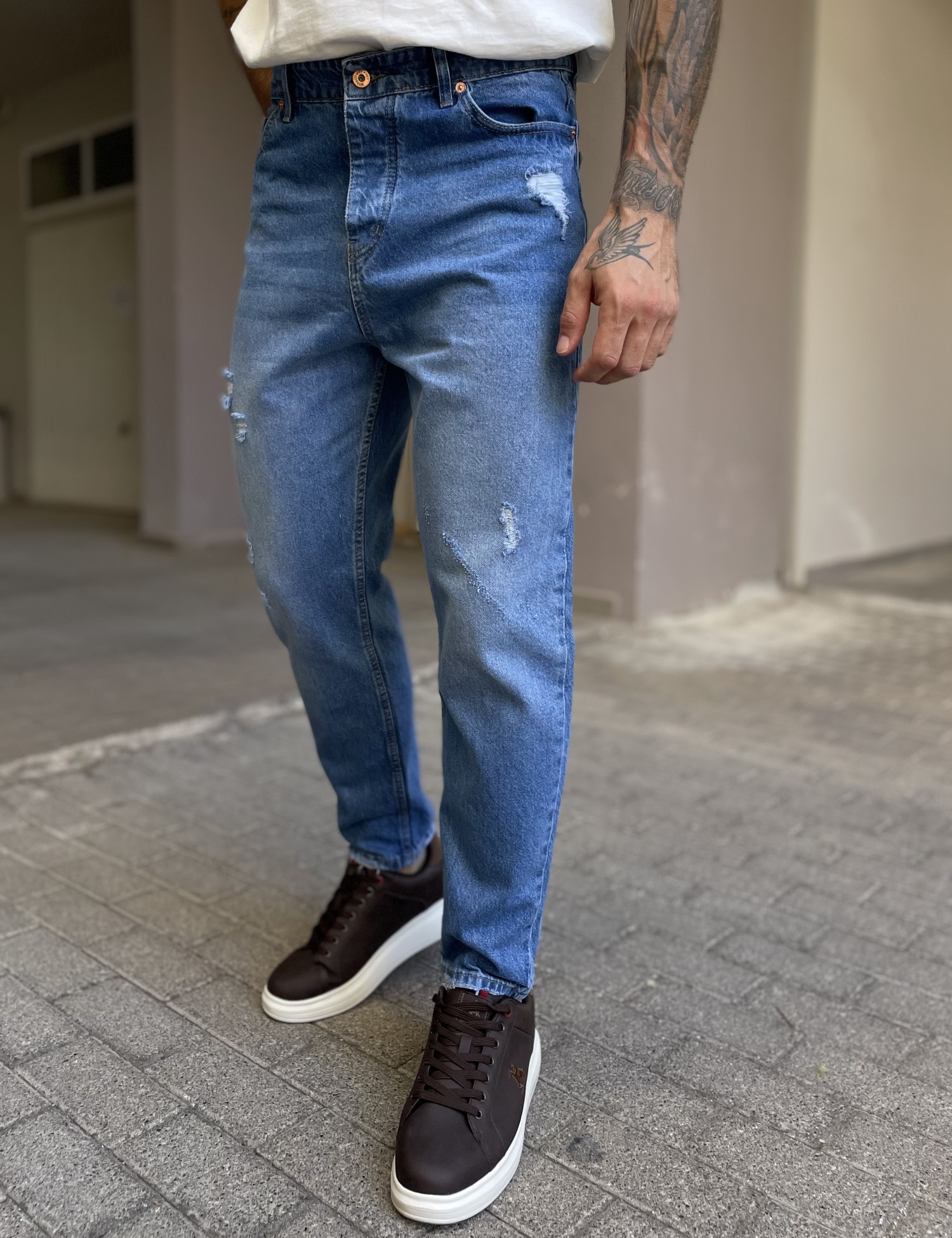 Ανδρικό μπλε ξεβαμμένο loose τζιν πεντάτσεπο με φθορές WE3011 φωτογραφία